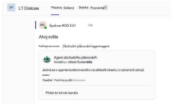 Snímek obrazovky zobrazující rozvíjející se odkaz na agenta SharePointu v kanálech Teams