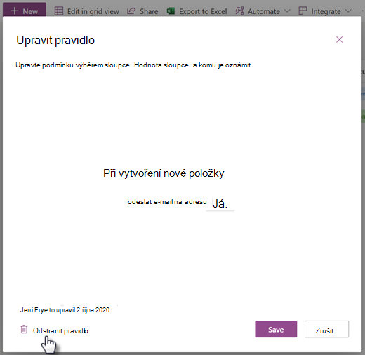 Snímek obrazovky s odstraněním pravidla pro seznam na stránce Upravit pravidlo