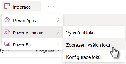 Příkaz Zobrazit vaše toky v seznamu v nabídce Integrovat Power Automate