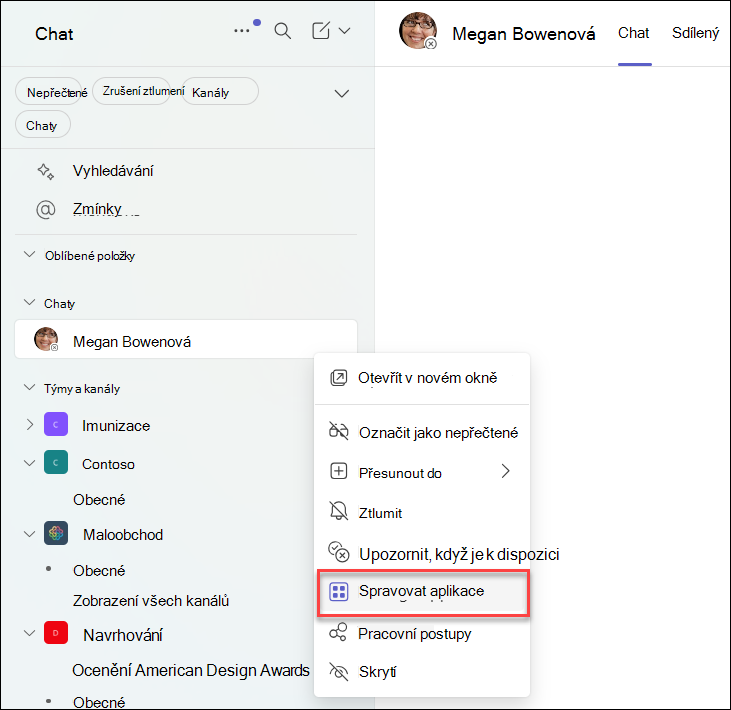 Snímek obrazovky správy aplikací v chatu Teams