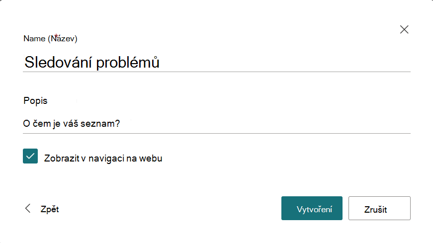 Dialogové okno pro zadání názvu a popisu nového seznamu
