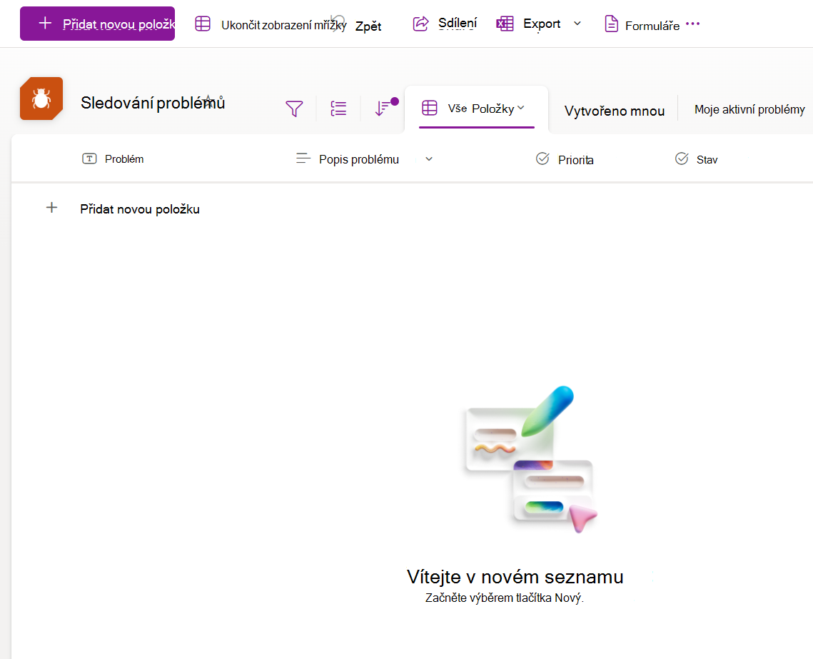 Snímek obrazovky s novým seznamem vytvořeným ze šablony nástroje pro sledování problémů