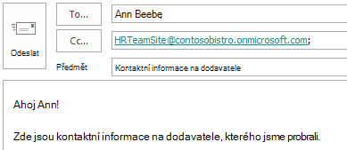 E-mailová zpráva s poštovní schránkou webu v poli Kopie