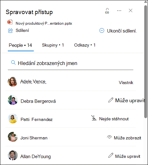 Kontextová karta obsahuje seznam uživatelů, kteří sdílejí dokument.