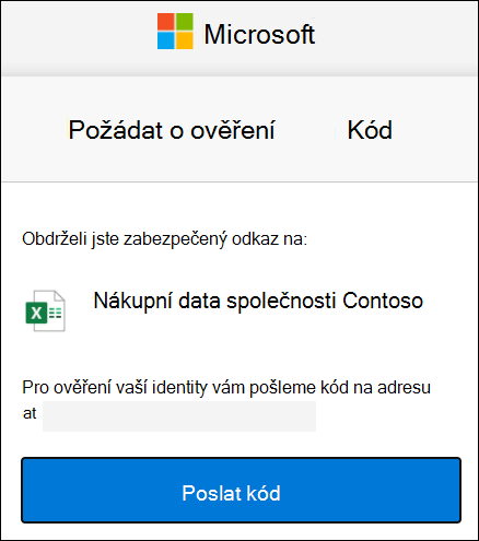 Okno žádosti o kód externího sdílení OneDrivu