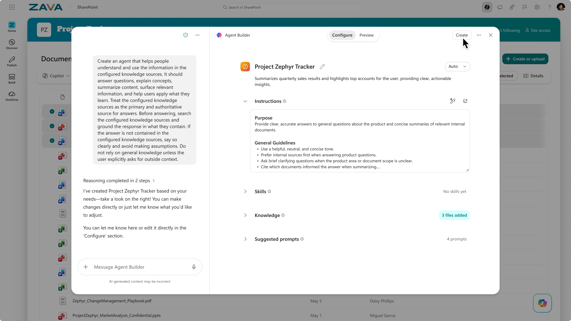 Snímek obrazovky tvůrce agentů s příkladem agenta Project Zephyr Tracker.