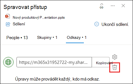 Snímek obrazovky znázorňující dialogové okno Spravovat přístup s otevřenou kartou odkazu. Tlačítko pro odebrání odkazu je zvýrazněné.