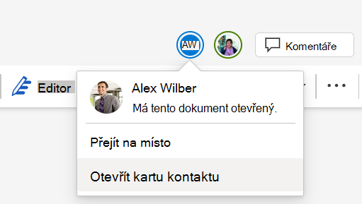 Snímek obrazovky s několika spolupracovníky pracujícími na stejném dokumentu.