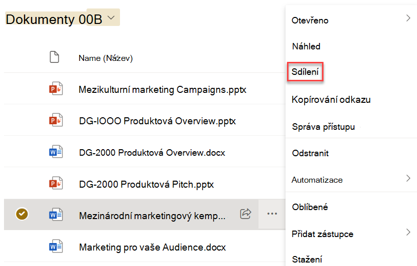 Snímek obrazovky sdílení dokumentu z nabídky se třemi tečkami při zatmění