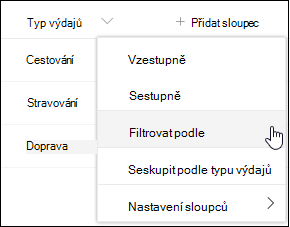 Možnost nabídky Záhlaví sloupce SharePointu Filtrovat podle