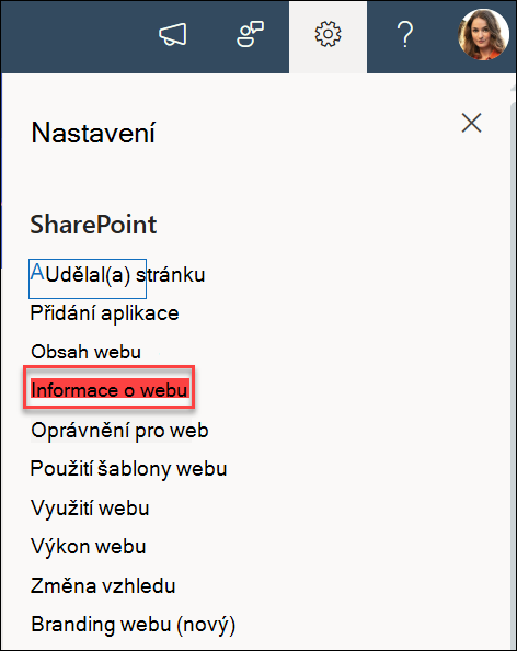 Možnost Informace o webu v dialogovém okně Nastavení