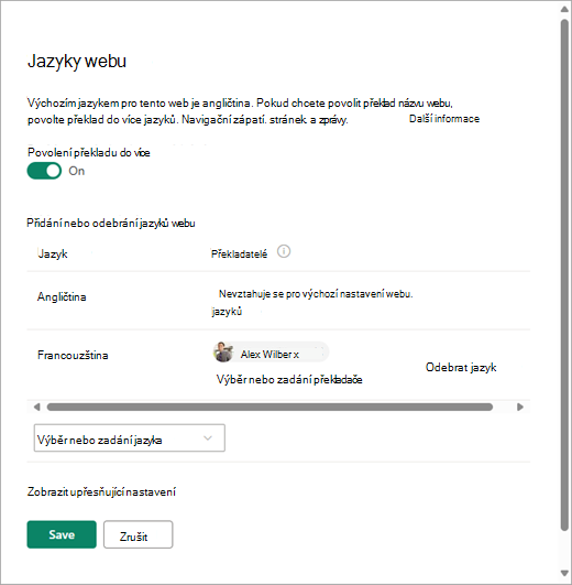Snímek obrazovky zobrazující stránku jazyků webu na SharePointu