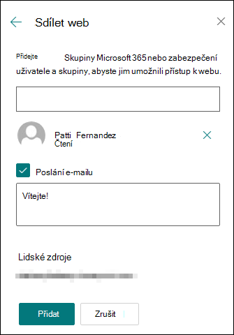 Náhled panelu oprávnění ke sdílení webu