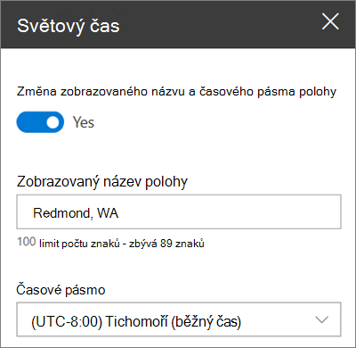 Sada nástrojů webové části Světový čas pro sharepointové weby, která ukazuje, jak přizpůsobit zobrazovaný název a časové pásmo