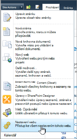Site settings on the site actions menu