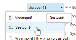 Rozevírací nabídka řazení u záhlaví sloupce