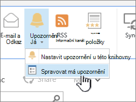 Zvýrazněné tlačítko Spravovat upozornění na SharePointu 2016