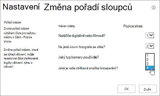 Dialogové okno pro změnu pořadí otázek se zvýrazněnou rozevírací nabídkou pro jednu otázku