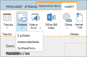 Snímek obrazovky s pásem karet v SharePointu Online. Vyberte kartu Vložit a pak možnost Obrázek. Pak se rozhodněte, jestli chcete nahrát soubor z počítače, webové adresy nebo sharepointového umístění.