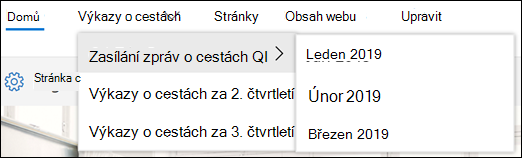 Příklad kaskádové nabídky SharePointu