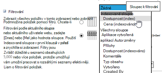 V SharePointu Online vyberte indexované pole.