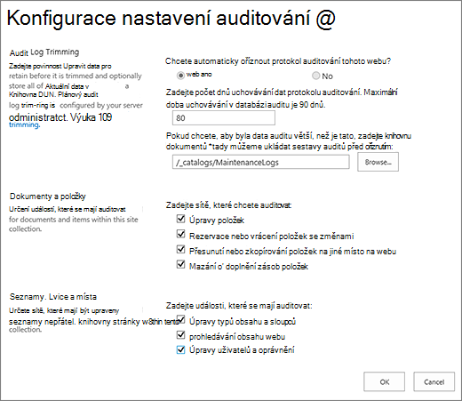 Obrazovka s nastavením auditování kolekce webů
