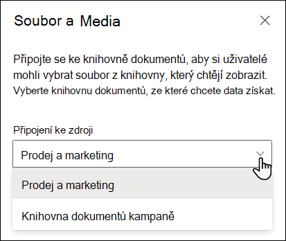Podokno vlastností prohlížeče souborů s rozevíracím seznamem Připojit ke zdroji