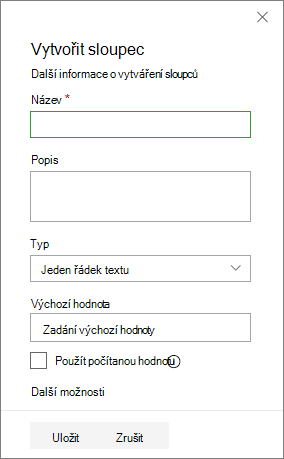 Panel Vytvořit sloupce