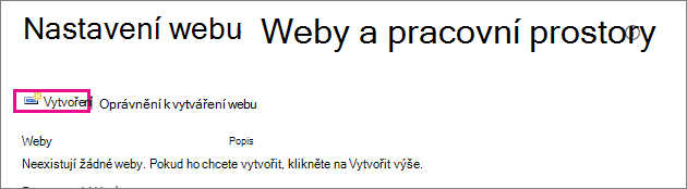 Odkaz na vytvoření webu v dialogovém okně Weby a pracoviště