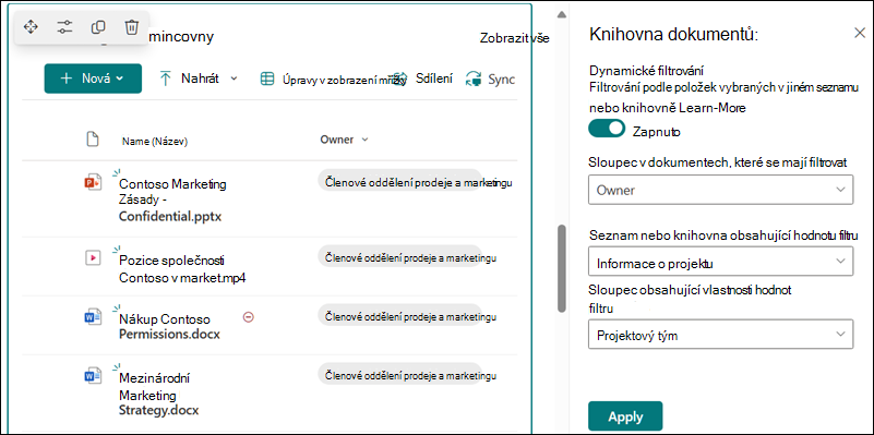 Knihovna dokumentů s podoknem otevřeným pro možnosti dynamického filtrování