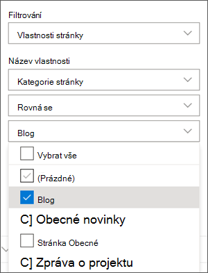 Filtrování nastavené na Blogy v podokně webové části Příspěvky