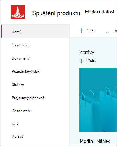 Nabídka na levé straně sharepointového týmového webu