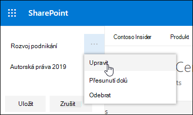 Úprava existujícího odkazu nebo popisku v zápatí na komunikačním sharepointovém webu