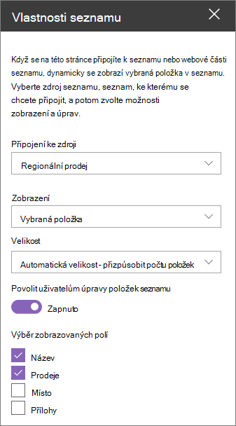 Podokno webové části Vlastnosti seznamu