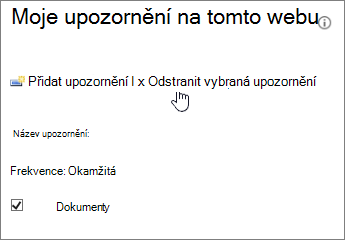 Správce upozornění se zvýrazněnou položkou Odstranit vybraná upozornění