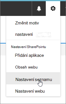 Nabídka Nastavení se zvýrazněnou možností Nastavení seznamu