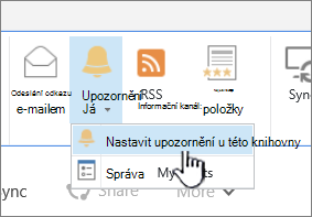 Karta Knihovna se zvýrazněnou možností Nastavit upozornění pro tuto knihovnu