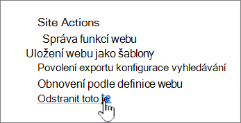 Nabídka Nastavení webu se zvýrazněnou položkou Odstranit tento web