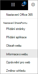 Nabídka Nastavení s vybranou možností Informace o webu