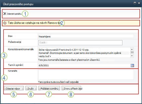 Formulář úkolu pracovního postupu Shromáždit názory s vyznačenými poli