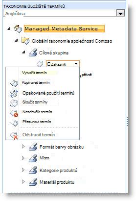 Ke správě termínů v rámci sady termínů použijte nabídku.