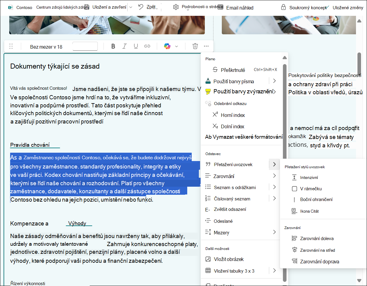 Snímek obrazovky s textovými úpravami tabulky