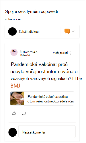 Obrázek webové části Yammer se ukázkovou konverzací.