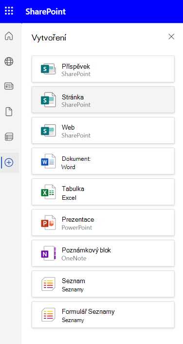 Snímek obrazovky s podoknem Vytvořit na panelu aplikace SharePoint s možnostmi Příspěvek a Stránka.