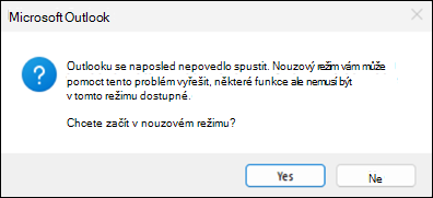 chyba klasického nouzového režimu Outlooku