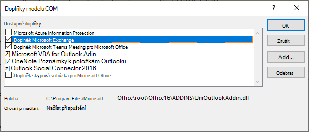 Otevřené okno doplňku modelu COM aplikace Outlook