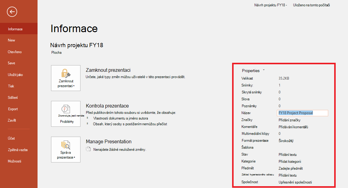 Vlastnosti dokumentů Office – Soubor > Info Panel