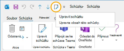 Edit meeting button Panel nástrojů Rychlý přístup v Outlooku