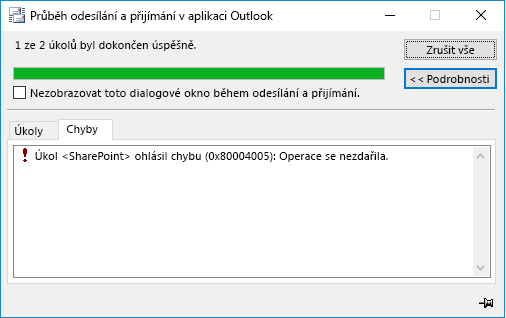 Chyba při připojování ke Knihovně dokumentů SharePointu