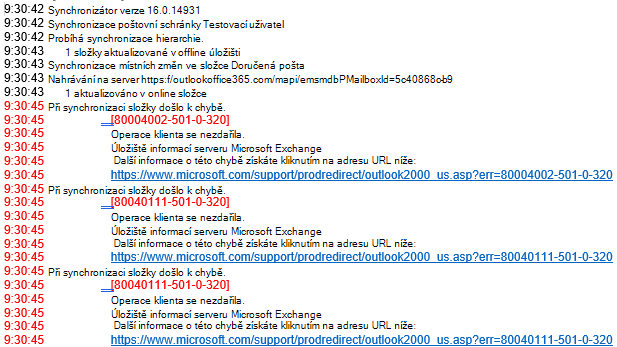 Seznam chyb v protokolu aplikace Outlook